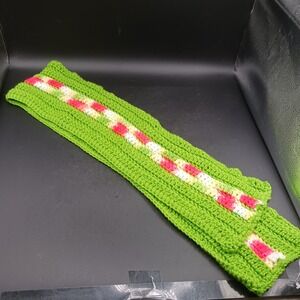 Funky Vintage Crochet Scarf Bright Green w a Red Yellow & White Stripe 50" x 7"